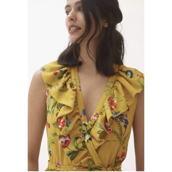 Anthropologie Maeve Floral Wrap Mini Ruffle Dress in Yellow Size XL Summery EUC - Picture 4 of 14